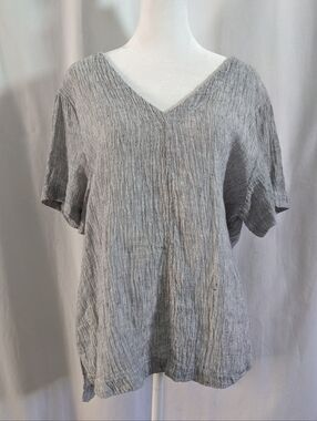 Tahari size M short sleeve Hi-Low Top Blouse 100% Linen heathered gray